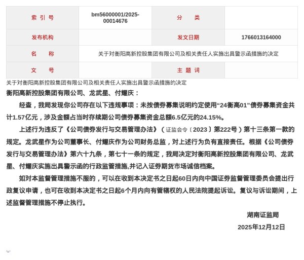 专业配资官网 衡阳高新控股集团被出具警示函，涉债券资金使用违规