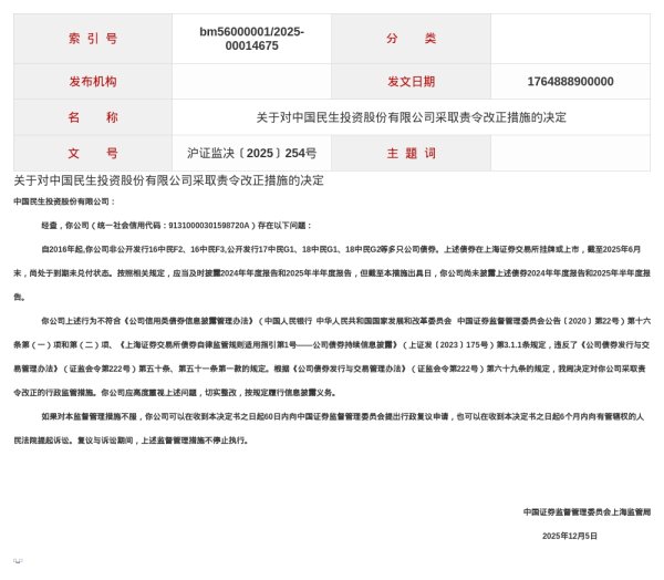 查查配官网 中民投被责令改正，涉信息披露违规